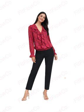 INC Ruffle Tie Neck Blouse Pink Brown Geometric Print Long Sleeve Size S